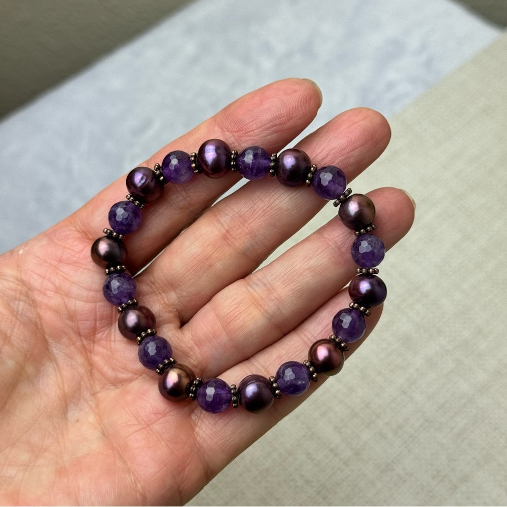 Freshwater Pearl And Amethyst Beaded Stretch Bracelet